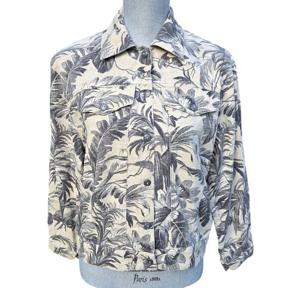 Vintage 90s  Norm Thompson Jacket sz Small Linen-Look Palm Leaves - Picture 2 of 8